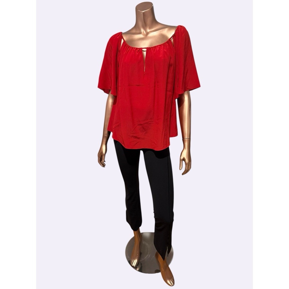 New Chelsea Flower 100% Silk Red Flutter Sleeve Garden Party Blouse Date Night/S